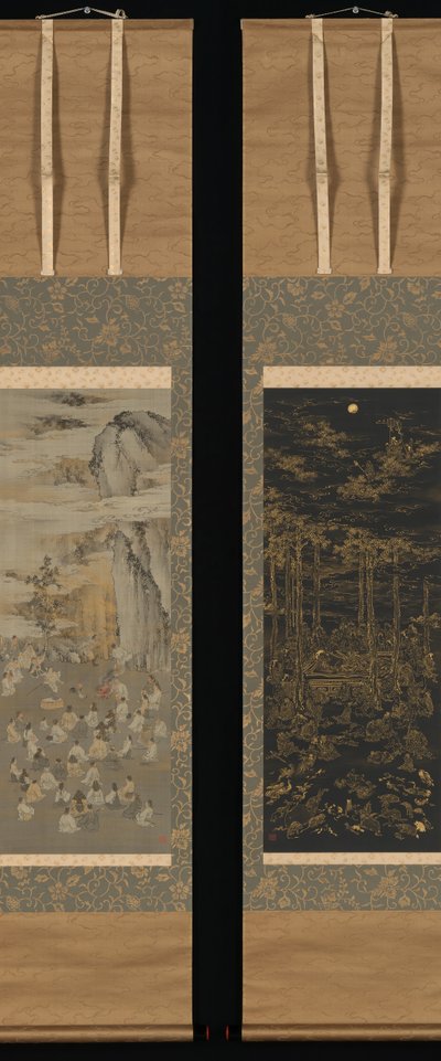 Å lokke solgudinnen Amaterasu ut av en hule, Den historiske Buddhas død ..., sent på 1800-tallet av Kono Bairei