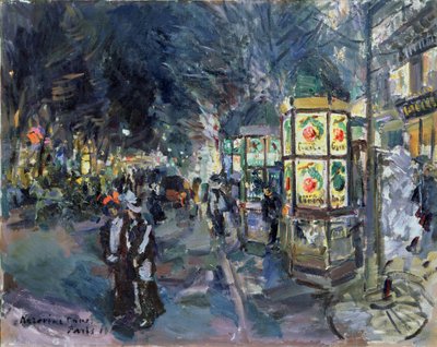 Parisian Boulevard om natten (Parisan Boulevard om natten). Beskrivelse av animasjonen i hovedstaden, med turgåere, reklamekiosker (Morris-søyler), trær og belysning. Maleri av Konstantin Alexeyevich Korovin (Constantin Korovin) (1861-1939) av Konstantin Alekseevich Korovin