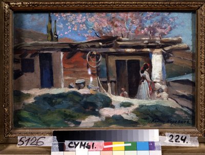Krim, mandeltrær i blomst. (Krim, blomstrende mandeltrær). Ung kvinne foran et lite trehus, under rosa mandeltrær. Maleri av Konstantin Alexeyevich Korovin (Constantin Korovin) (1861-1939), olje på lerret av Konstantin Alekseevich Korovin