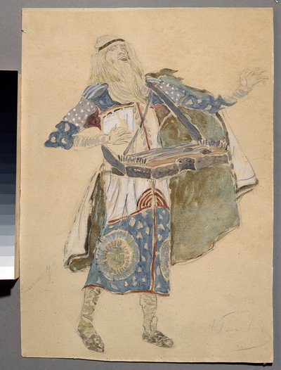 Kostymedesign for operaen "Ruslan og Lyudmila" av Mikhail Igor Glinka (1804-1857) (Kostumedesign for operaen Ruslan og Lyudmila av M. Glinka). Kostyme til en musiker. Verk av Konstantin Alexeyevich Korovin (Constantin Korovin) (1861-1939), aqu. av Konstantin Alekseevich Korovin