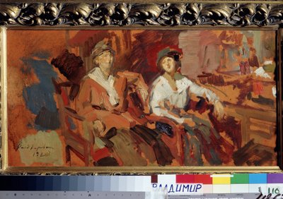 To på kurvstolene. (To på kurvstolene). To unge kvinner med hatter, sittende side ved side. Maleri av Konstantin Alexeyevich Korovin (Constantin Korovin) (1861-1939), olje på lerret av Konstantin Alekseevich Korovin