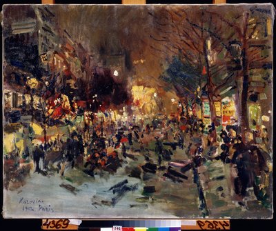 Grand Boulevard i Paris (Boulevard i Paris). Utsikt over den travle gaten om kvelden. Du kan se Morris-spalter til høyre. Maleri av Konstantin Alexeyevich Korovin (Constantin Korovin) (1861-1939), olje på lerret av Konstantin Alekseevich Korovin