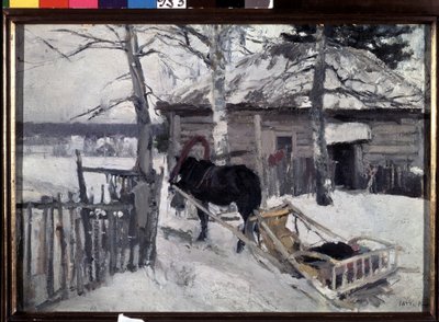 Vinter (Vinter). En hestevogn på gården til et trehus, på landsbygda, under snøen. Maleri av Konstantin Alexeyevich Korovin (Constantin Korovin) (1861-1939), olje på lerret av Konstantin Alekseevich Korovin