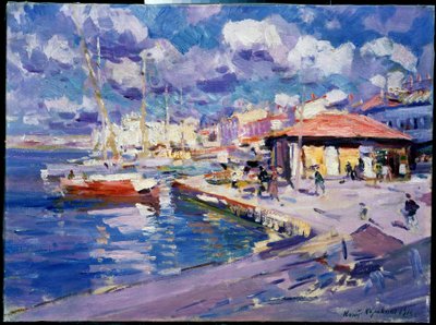 Fishing Bay i Sevastopol (Ukraina) (Fishing Bay, Sevastopol). Utsikt over kaia hvor båter, turgåere og bygninger ligger fortøyd under solen. Maleri av Konstantin Alexeyevich Korovin (Constantin Korovin) (1861-1939), olje på lerret av Konstantin Alekseevich Korovin