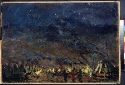 The Polovtsian Camp, Scene Design for the Opera Prince Igor av Alexander Borodin - (The Polovtsian Camp - Scene Design for the Opera Prince Igor av Alexander Borodin) - Under en stjerneklar himmel rammer teltene i leiren inn lysene, i av Konstantin Alekseevich Korovin