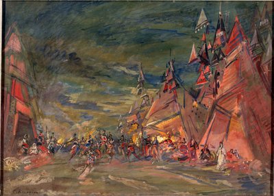 Militærleiren til polovtsianerne (eller Couman, Kuman). Forberedende dekor for operaen ""Prince Igor"" av Alexandre Borodin (Borodin) (1833-1887). Verk av Konstantin Alexeyevich Korovin (Constantin Korovin) (1861-1939), olje på papp av Konstantin Alekseevich Korovin
