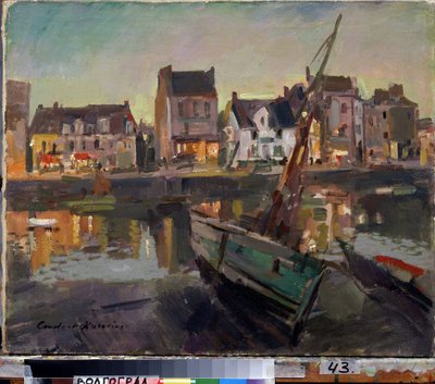 Marseilles (Frankrike) (Marseilles). En båt på bredden av den gamle havnen i Marseille, foran fasadene opplyst av kveldslys. Maleri av Konstantin Alexeyevich Korovin (Constantin Korovin) (1861-1939), olje på lerret av Konstantin Alekseevich Korovin
