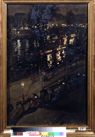 Paris om natten (Paris om natten). Utsikt over Seinen-kaiene, med en hestevogn, og byens lys som reflekterer på vannoverflaten. Maleri av Konstantin Alexeyevich Korovin (Constantin Korovin) (1861-1939), olje på lerret, russisk kunst av Konstantin Alekseevich Korovin