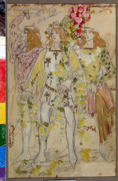 Kostymedesign for balletten Raimonda av Alexandre (Alexander) Glazunov (Glazounov eller Glazunoff eller Glazunow) (1865-1936) (Kostumedesign for balletten Raimonda av A. Glazunov). Mannlige kostymer. Kunstverk av Konstantin Alexeyevich Korovin (Constantin  av Konstantin Alekseevich Korovin