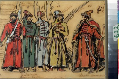 Kostymedesign for operaen Khovanshchina eller Khovansky-prinsene av Modeste Mussorgsky (1839-1881) (Kostumedesign for operaen Khovanshchina av M.Musorgsky). Verk av Konstantin Alexeyevich Korovin (Constantin Korovin) (1861-1939), akvarell, gå av Konstantin Alekseevich Korovin