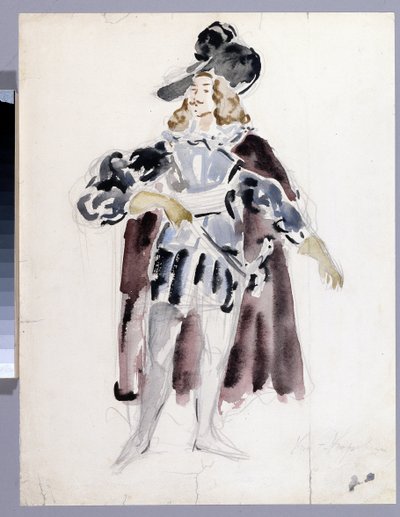 Kostymedesign for operaen ""Le guest de pierre"" av Alexandre Dargomyjski (1813-1869) (Kostumedesign for operaen Steingjesten av A. Dargomyzhsky). Verk av Konstantin Alexeyevich Korovin (Constantin Korovin) (1861-1939), akvarell på papir av Konstantin Alekseevich Korovin