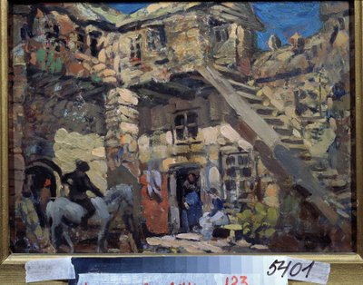 Scenedesign for balletten Don Quixote av Leon (eller Ludwig) Minkus (1826-1917) (Scenedesign for balletten Don Quixote av L. Minkus). Verk av Konstantin Alexeyevich Korovin (Constantin Korovin) (1861-1939), gouache på papp av Konstantin Alekseevich Korovin
