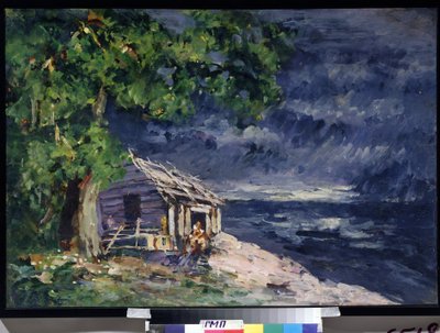 Designprosjekt for balletten Le Poisson Dore av Ludwig (Leon) Minkus (Scenedesign for balletten The Golden Fish av Ludwig Minkus) - En trehytte ved sjøen - Verk av Konstantin Alexeyevich Korovin (Constantin Korovine) (1861) -1939) , tinning av Konstantin Alekseevich Korovin