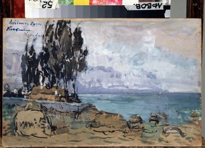Scenedesign for balletten Swan Lake av Piotr Ilitch Tchaikovsky (1840-1893) (Scenedesign for balletten Swan Lake av P. Tchaikovsky). Landskap, bredden av en innsjø med en treklump. Kunstverk av Konstantin Alexeyevich Korovin (Constantin Koro av Konstantin Alekseevich Korovin
