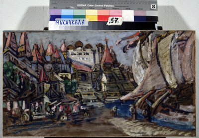 Scenedesign for Opera Sadko av Nicolas (Nikolai) Rimsky Korsakov (Rimsky-Korsakov) (1844-1908) (Scenedesign for Opera Sadko av N. Rimsky Korsakov (Rimsky-Korsakov). Beskrivelse av en by og trebygninger bygget på en kai hvor er am av Konstantin Alekseevich Korovin