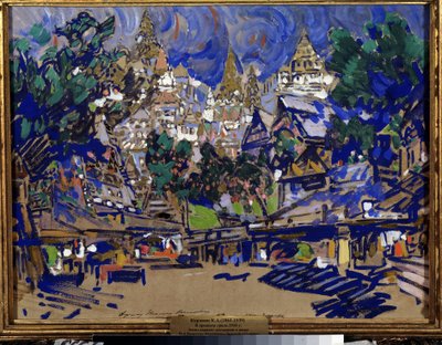 Kulisseprosjekt for operaen The Golden Cockerel av Nicholas (Nikolai) Rimsky Korsakov (Rimsky-Korsakov) (1844-1908) (Scenedesign for operaen The Golden Cockerel av N. Rimsky Korsakov (Rimsky-Korsakov). Verk av Konstantin Alexeyevich Korovin av Konstantin Alekseevich Korovin