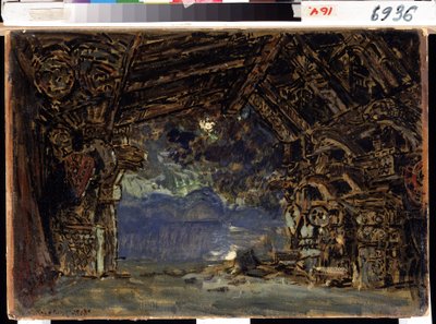 Scenografi for operaen Twilight of the Gods av Richard Wagner. (Scenedesign for operaen The Twilight of the Gods av R. Wagner). Verk av Konstantin Alexeyevich Korovin (Constantin Korovin) (1861-1939), tempera på papp av Konstantin Alekseevich Korovin