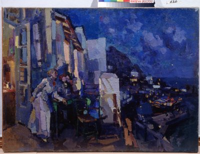 Kveld på verandaen. En kvinne drar nytte av panoramaet over byen som strekker seg ut i natten foran terrassen hennes. Maleri av Konstantin Alexeyevich Korovin (Constantin Korovin) (1861-1939), olje på lerret av Konstantin Alekseevich Korovin