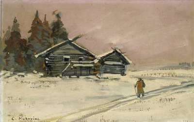 Vinterlandskap med to trehytter (kroppsfarge og olje på bord, montert som tegning) av Konstantin Alekseevich Korovin