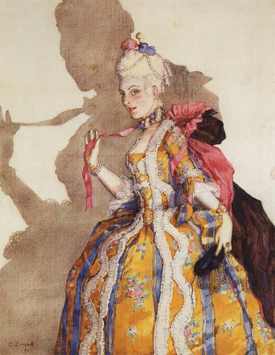 Costume pour Marquise, tolk av Tamara Karsavina (1885-1978) - Kostymedesign for Tamara Karsavina som Marquise. Musikk av Mozart - Konstantin Andreyevich Somov (1869-1939). Akvarell, Gouache på papir av Konstantin Andreevic Somov