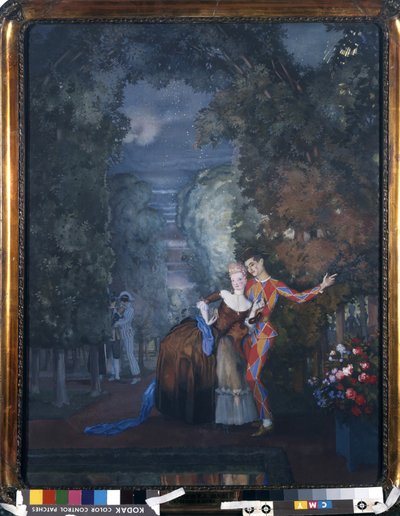 Harlequin and a Lady, 1912 (wc und gouache på papp) av Konstantin Andreevic Somov