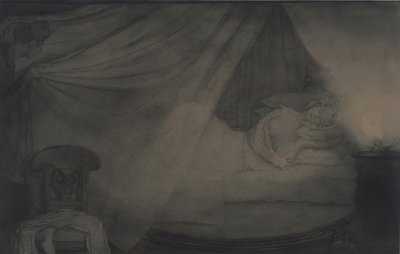 På soverommet. Illustrasjon til diktet Grev Nulin av A. Pushkin av Konstantin Andreevic Somov