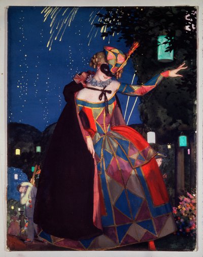 Columbines språk. Verk av Konstantin (Constantin) Andreyevich Somov (1869-1939), akvarell og gouache på papp av Konstantin Andreevic Somov