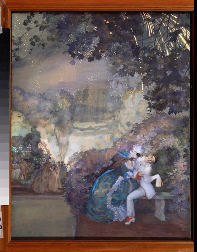 Pjerrot og en kvinne. (Flørter på maskeradeball). Verk av Konstantin (Constantin) Andreyevich Somov (1869-1939), gouache på papir av Konstantin Andreevic Somov
