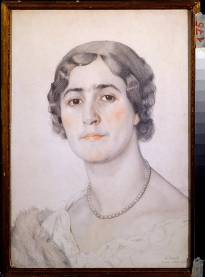 Portrett av skuespillerinnen D G Karysheva (?) (Portrett av skuespillerinnen D G Karysheva) - Verk av Konstantin (Constantin) Andreyevich Somov (1869-1939), akvarell, sangvin og pastell på papir av Konstantin Andreevic Somov