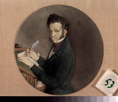 Portrett av forfatteren Alexander Pushkin (Pushkin) (1799-1837). Verk av Konstantin (Constantin) Andreyevich Somov (1869-1939), akvarell på papir av Konstantin Andreevic Somov