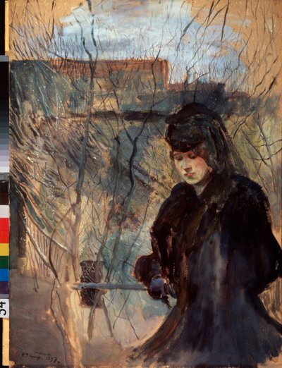 Printemps (Vår) (En kvinne kledd i svart, ser melankolsk ut og ser ned, lener seg på en tynn barriere) - Verk av Konstantin (Constantin) Andreyevich Somov (1869-1939), akvarell og gouache på papp av Konstantin Andreevic Somov