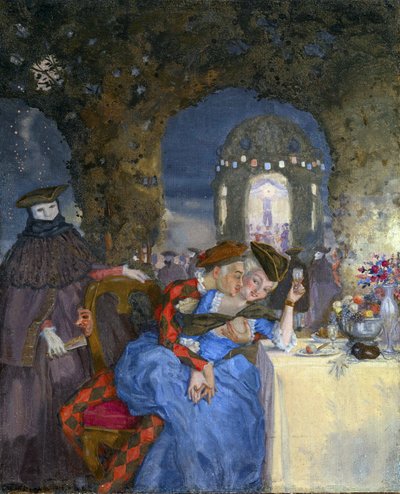 ""Rendez-vous"" Et par småprater på en sommerfest, under blikket til maskerte karakterer Maleri av Konstantin Somov (1869-1939) - ca. 1918 - Olje på lerret Dim 27x22 cm Privat samling av Konstantin Andreevic Somov