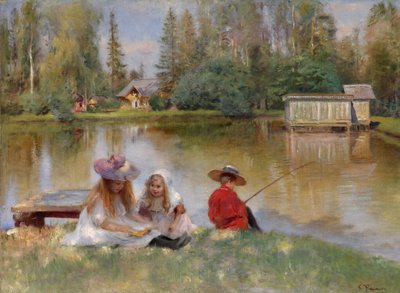Barn ved innsjøen - Makovsky, Konstantin Yegorovich av Konstantin Egorovich Makovsky