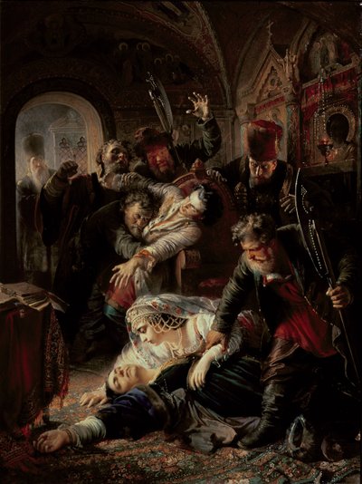 Innleide leiemordere som dreper tsar Boris Fyodorovich Godunov-sønn av Konstantin Egorovich Makovsky