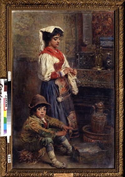 Modellene som venter på artisten. Maleri av Konstantin Yegorovich Makovsky (Constantin Makovsky) (1839-1915), olje på lerret av Konstantin Egorovich Makovsky
