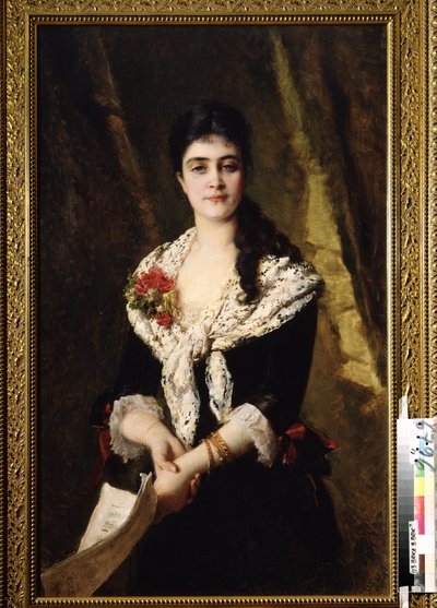 Portrett av sangeren A. Panaeva Kartseva, for rollen som Tatyana i operaen Eugene Oneguine av Piotr Tchaikovsky. (Portrett av sangeren A. Panaeva Kartseva som Tatyana i operaen Eugene Onegin av P. Tsjaikovskij). Maleri av Konstantin Yegorovic av Konstantin Egorovich Makovsky