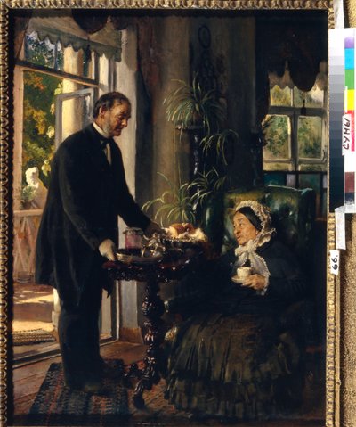 En herregård chatelaine. (En gammel dame tar te, servert av en tjener som gir henne brød og syltetøy). Maleri av Konstantin Yegorovich Makovsky (Constantin Makovsky) (1839-1915), olje på lerret av Konstantin Egorovich Makovsky