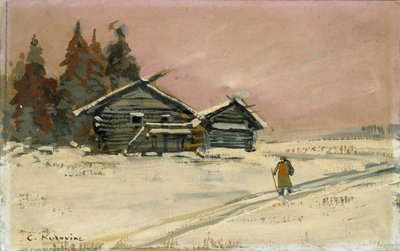 Vinterlandskap med to trehytter, tidlig på 1900-tallet av Konstantin Korovin