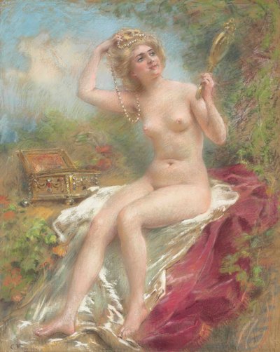 Sittende naken og ser i et speil av Konstantin Makovsky