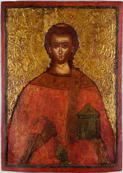 Saint Laurent (Saint Lawrence) - Ikon av Konstantinos Adrianoupolitis (aktivt 1600-tall), tempera på tre av Konstantinos Adrianoupolitis