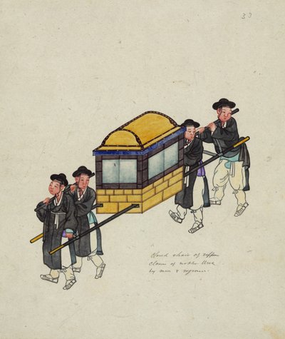 Fire bærere som bærer en tjenestemann i en "gama" eller palanquin, ca. 1890 av Korean School