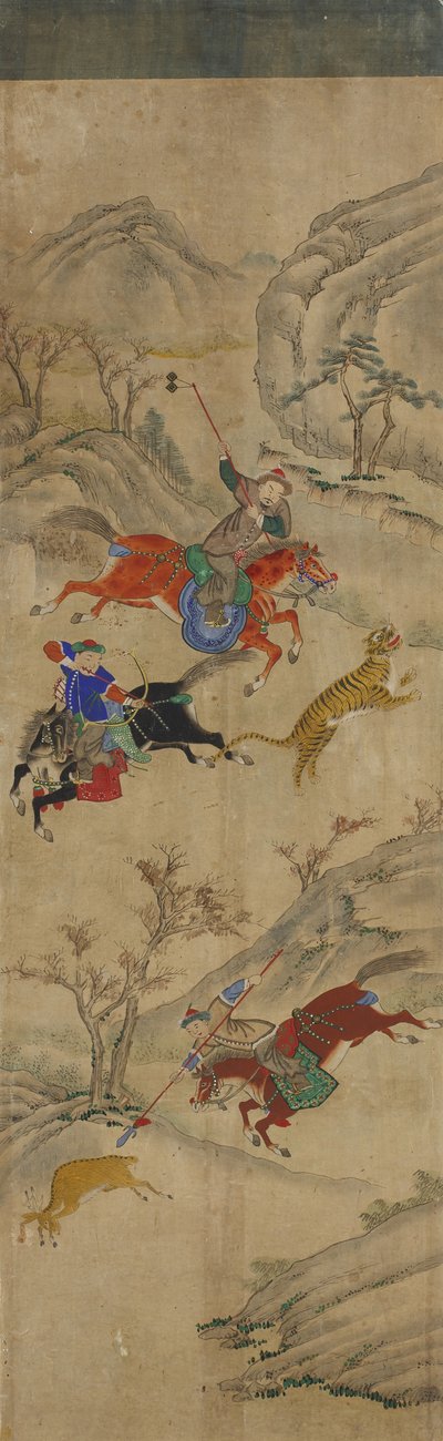 Jaktscene (3 ryttere som jakter hjort og tiger) (wc på papir) av Korean School