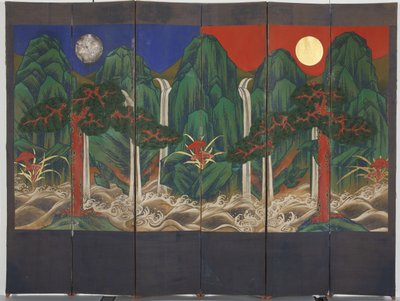 Landskap (tempera og bladgull på panel) av Korean School