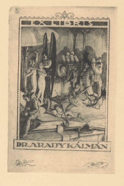 Kálmán Arady har et ex libris Ex libris dr. Kálmán Arady (tittel på objekt) av Kornél Révész