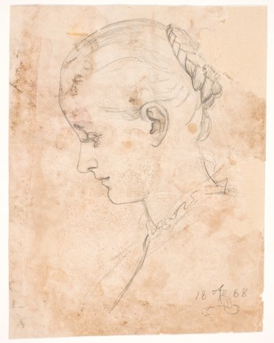 Kunstnerens søster Elizabeth. Profil t.v. Fletter frisyre av Kristian Zahrtmann