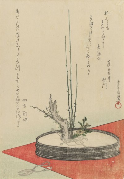 Arrangement av plomme, Fukujuso Adonis-blomst og saks, 1798. av Kubo Shunman