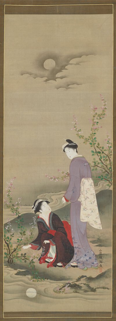Høst: To kvinner som stirrer på refleksjonen av månen, tidlig på 1800-tallet. av Kubo Shunman