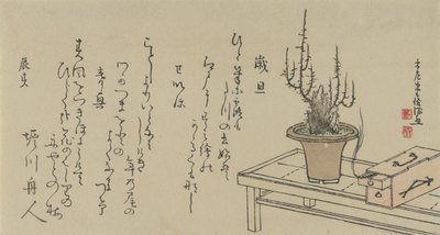 Bonsai plommetre på benk og boks, 1796. av Kubo Shunman