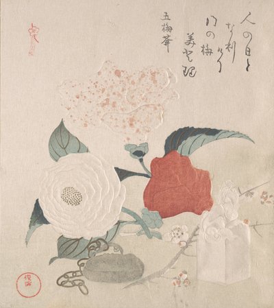 Camellia Flowers, a Netsuke and a Seal, 1800-tallet. av Kubo Shunman