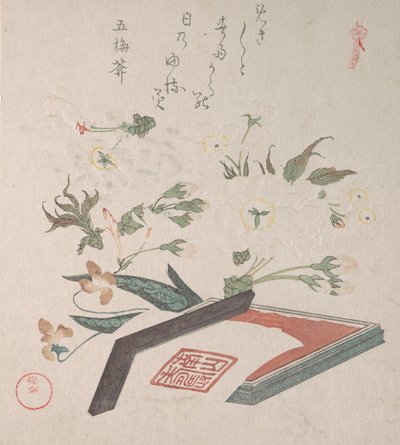 Kirsebærblomster og seglboks med blekk og linjal, 1800-tallet. av Kubo Shunman